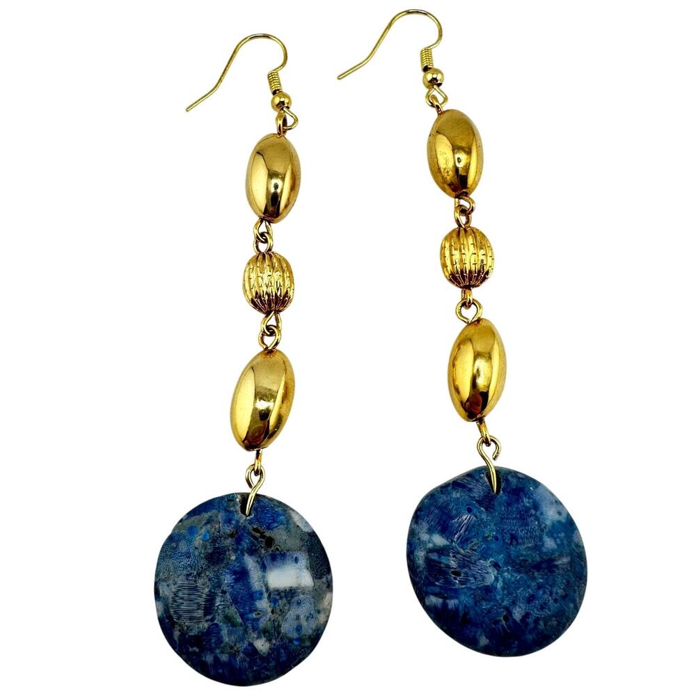 Vintage Upcycled Handmade Blue Sodalite Bead Gold Tone Dangle 3.5" Earrings